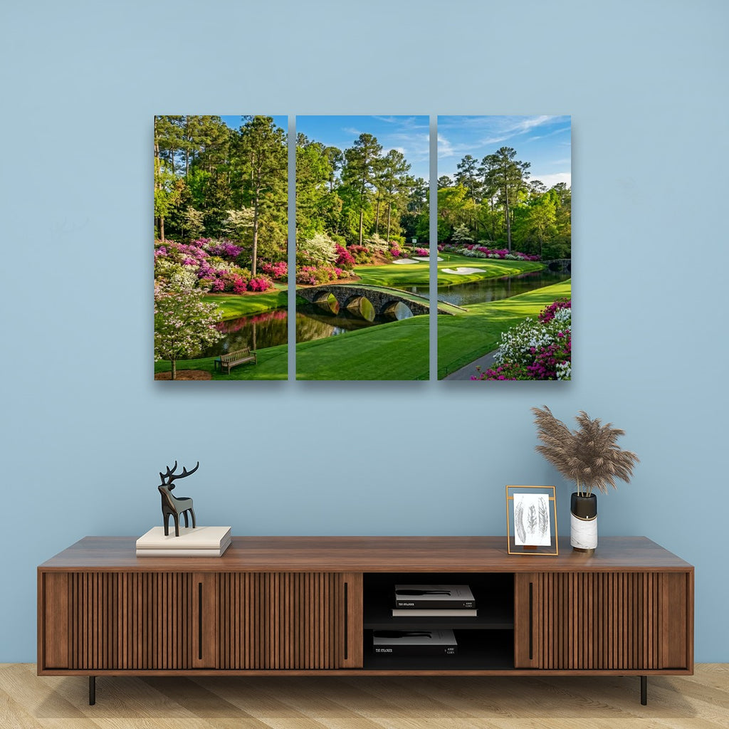 Georgia Golf Course Canvas Wall Art — Flowers, Water & Bridge Multi-Panel Print