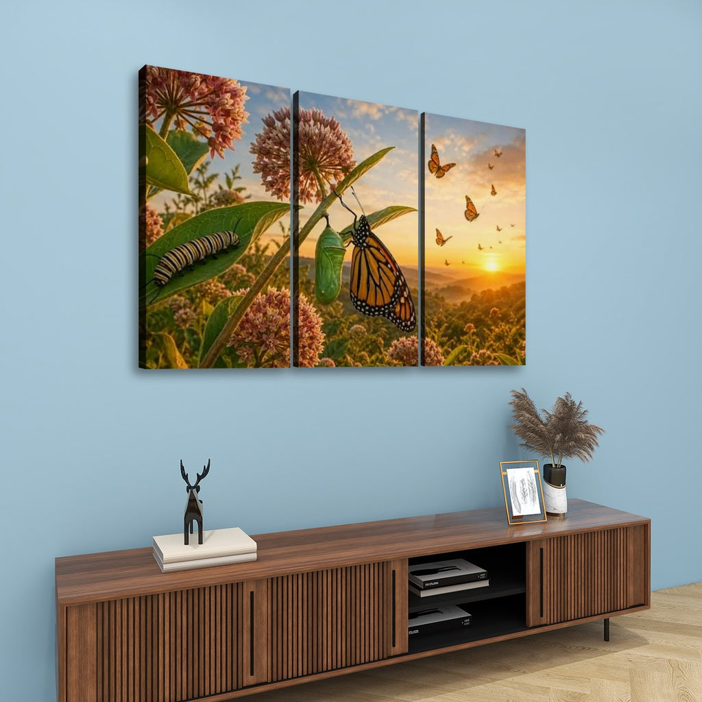 A three-panel canvas wall art set depicting a butterfly and flower sunset scene, displayed on a light blue wall above a wooden console table with decorative items.