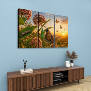 A three-panel canvas wall art set depicting a butterfly and flower sunset scene, displayed on a light blue wall above a wooden console table with decorative items.