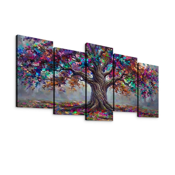 A five-panel canvas wall art set depicting a colorful tree with a thick brown trunk and vibrant multicolored foliage, shown against a plain white background.
