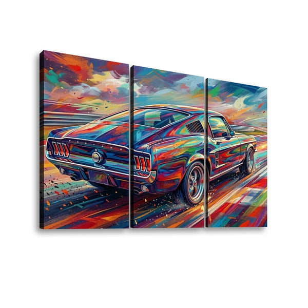A three-panel canvas wall art set depicting a colorful, impressionistic painting of a 1967 Ford Mustang Fastback classic muscle car on a road with a dramatic sky, shown against a plain white background.