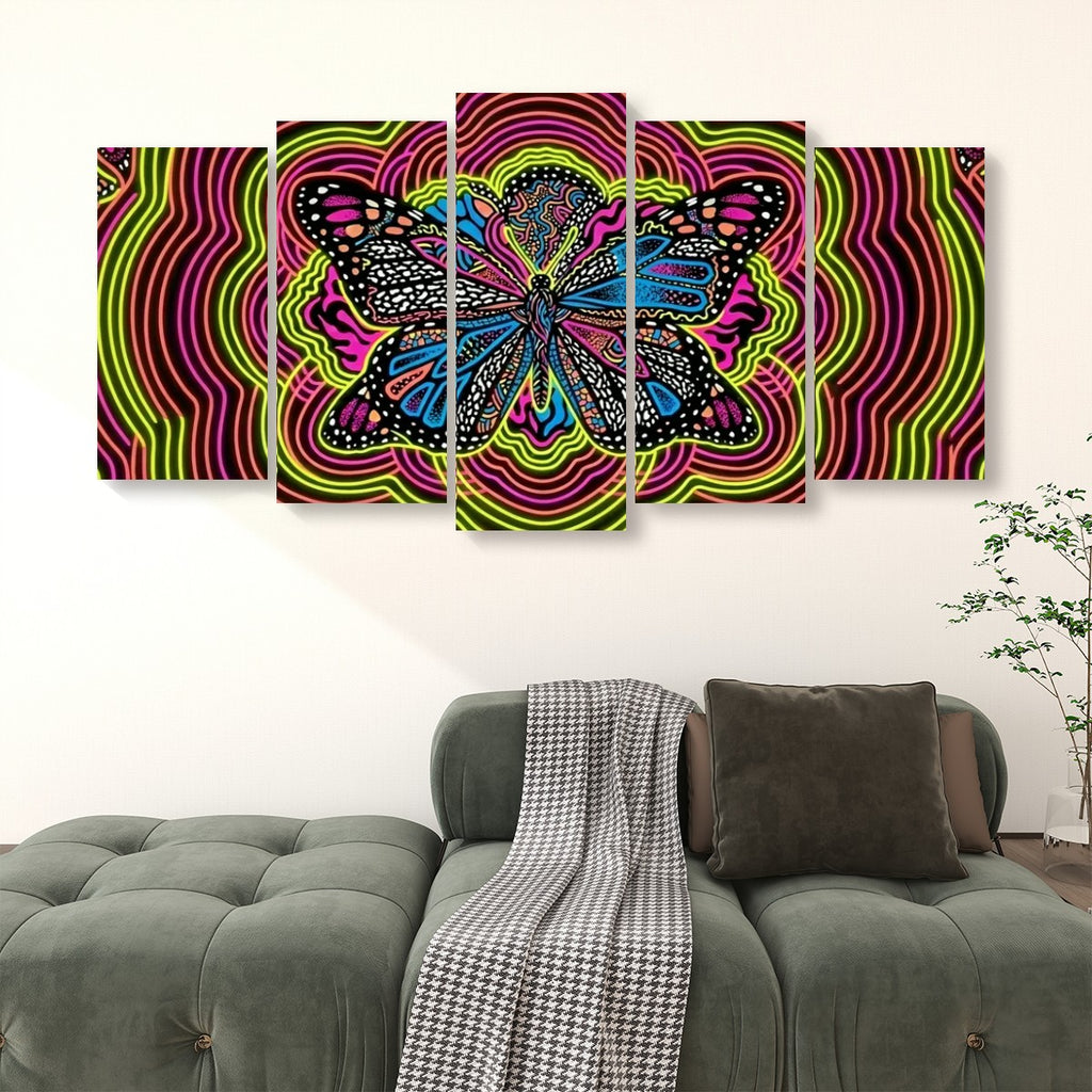 Neon Wings Psychedelic Butterfly Canvas Wall Art – Vibrant Abstract Print | 1, 3 & 5 Panel