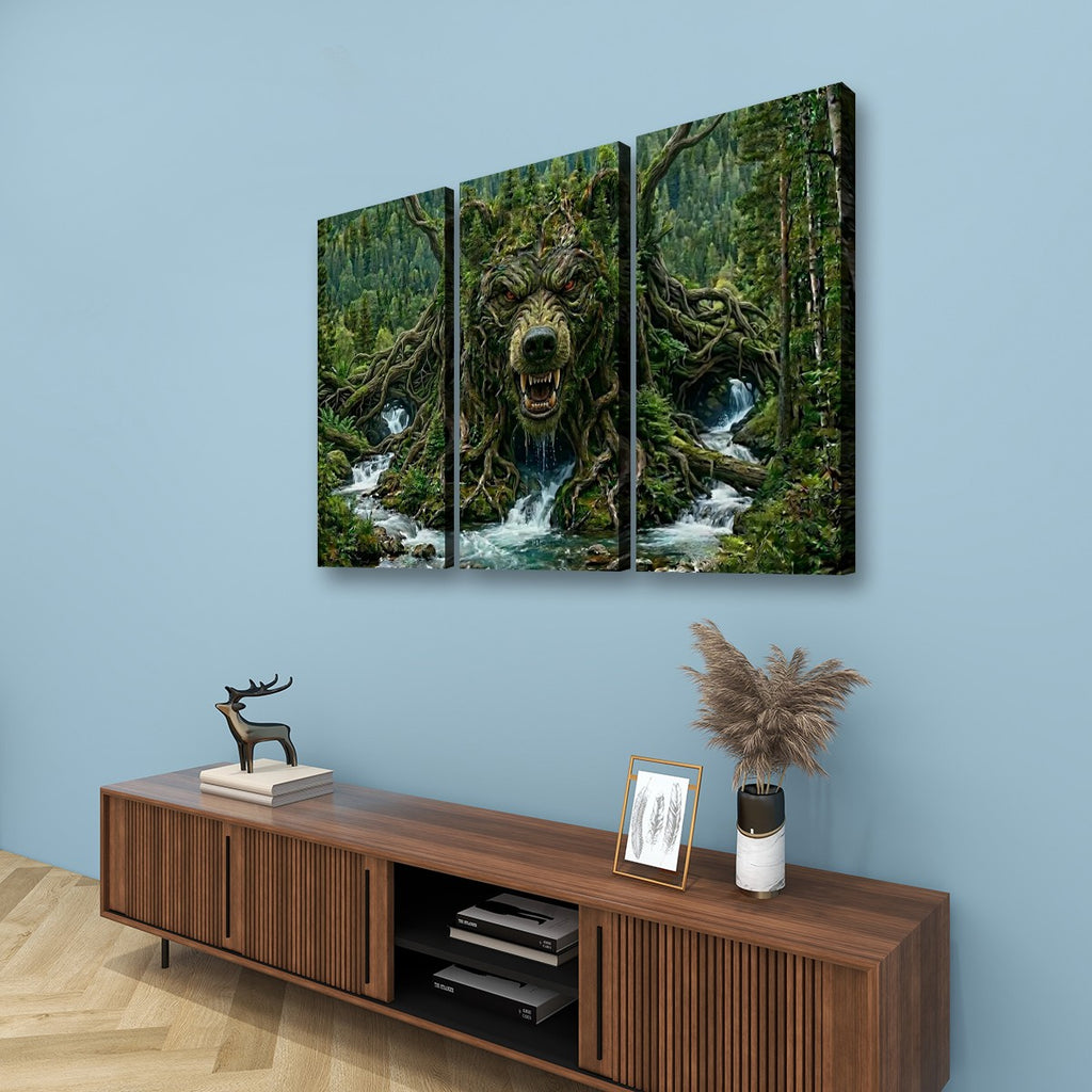 A three-panel canvas wall art set depicting a giant tree face with an open mouth over a waterfall in a dense forest, displayed on a light blue wall above a wooden console table with decorative items.