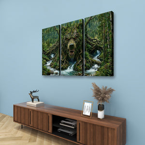 A three-panel canvas wall art set depicting a giant tree face with an open mouth over a waterfall in a dense forest, displayed on a light blue wall above a wooden console table with decorative items.