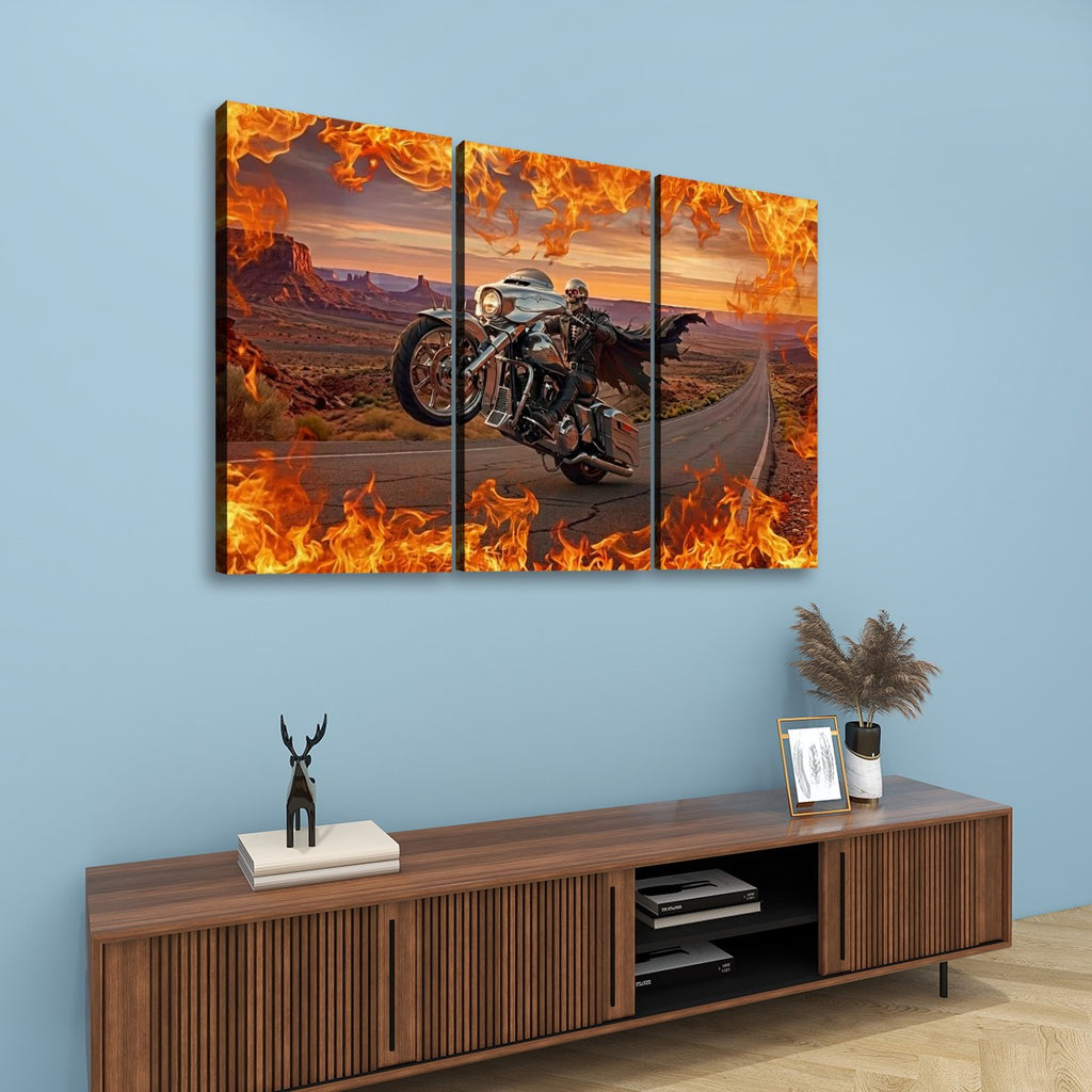 Skeleton Fire Bagger Chrome Motorcycle Tank, Saddlebags w/ Fire Split Canvas Panel Wall Art