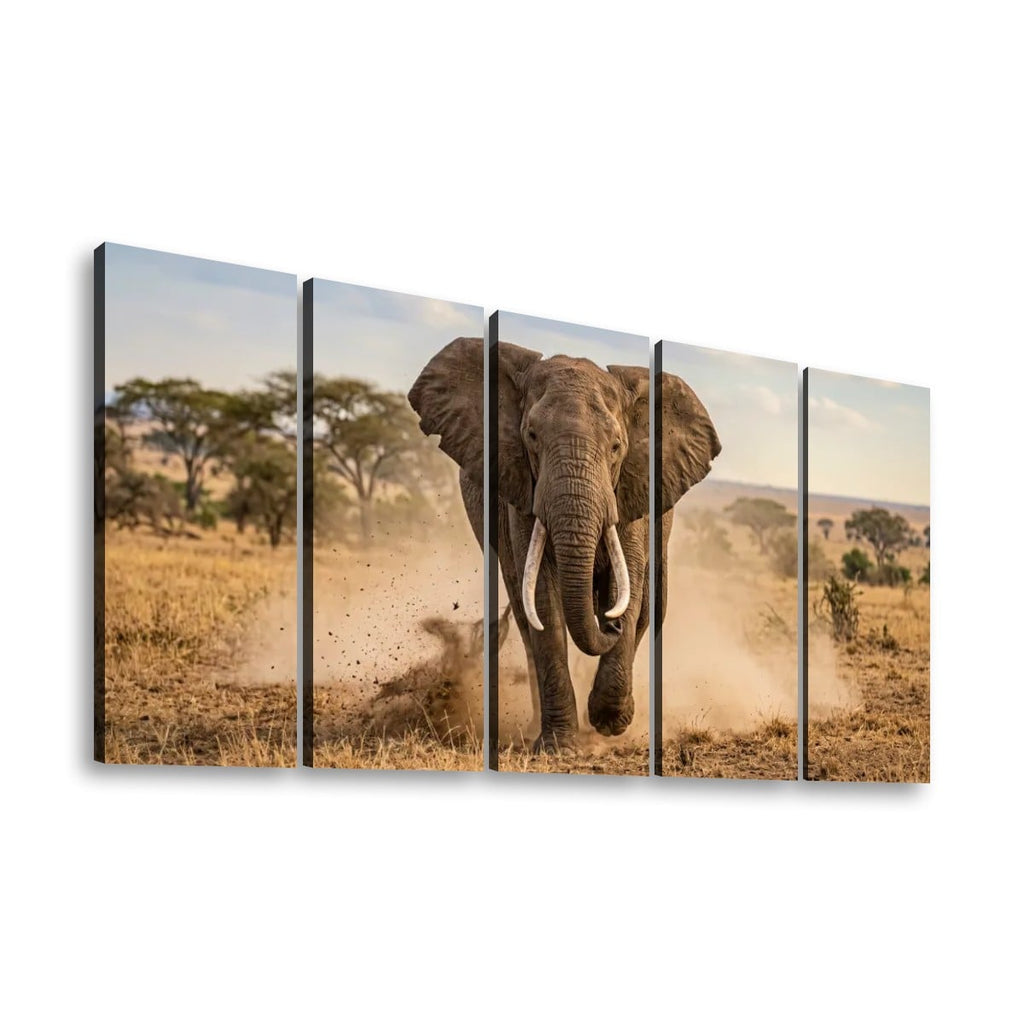 Majestic Elephant Charging Through Savanna 1, 3, 5-Panel Split Canvas Wall Art