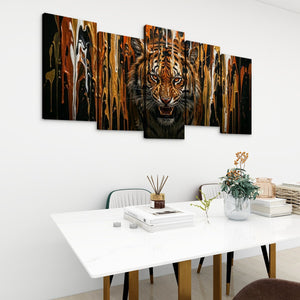 Unleashed – Tiger Bursting Through Dripping Paint 5-Panel Canvas Wall Art