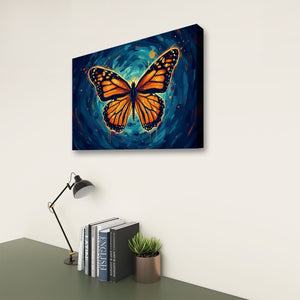 A rectangular wall art canvas showing a large orange butterfly over a swirling blue and black background, displayed above a desk with books, a lamp, and a small plant.