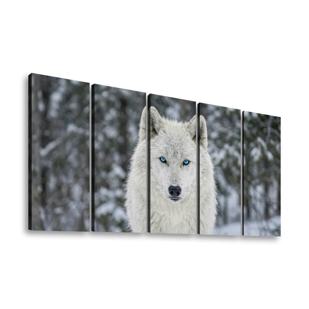 Five-panel canvas wall art showing a close-up portrait of a white wolf with bright blue eyes in a snowy forest setting, displayed against a plain white background.