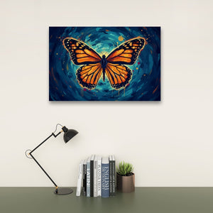 A framed wall art print showing a large orange butterfly over a swirling blue background, displayed above a desk with a black lamp, books, and a small potted succulent.