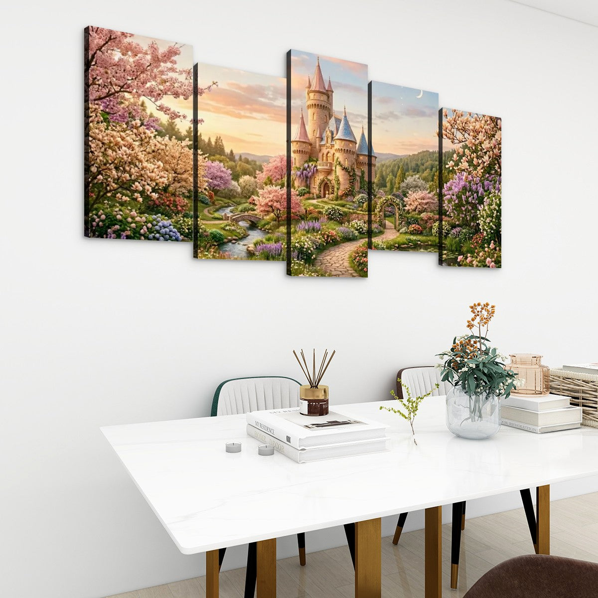 A 5-panel canvas wall art set depicting a fantasy castle surrounded by colorful spring flowers, displayed on a white wall above a dining table in a modern room setting.