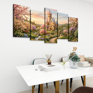 A 5-panel canvas wall art set depicting a fantasy castle surrounded by colorful spring flowers, displayed on a white wall above a dining table in a modern room setting.