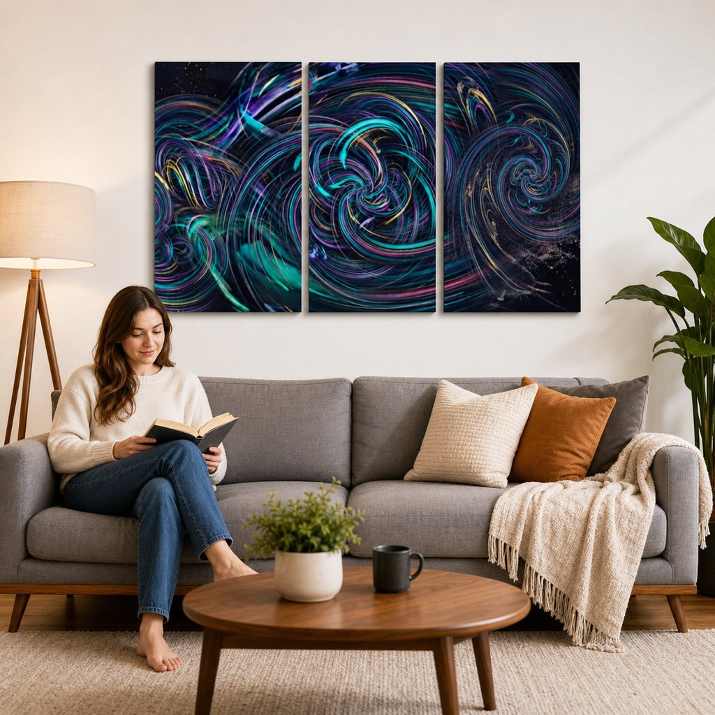 A woman sits on a gray sofa in a living room, reading a book. Above the sofa is a three-panel abstract wall art set with swirling cosmic-like lines in black, teal, blue, purple, and pink.