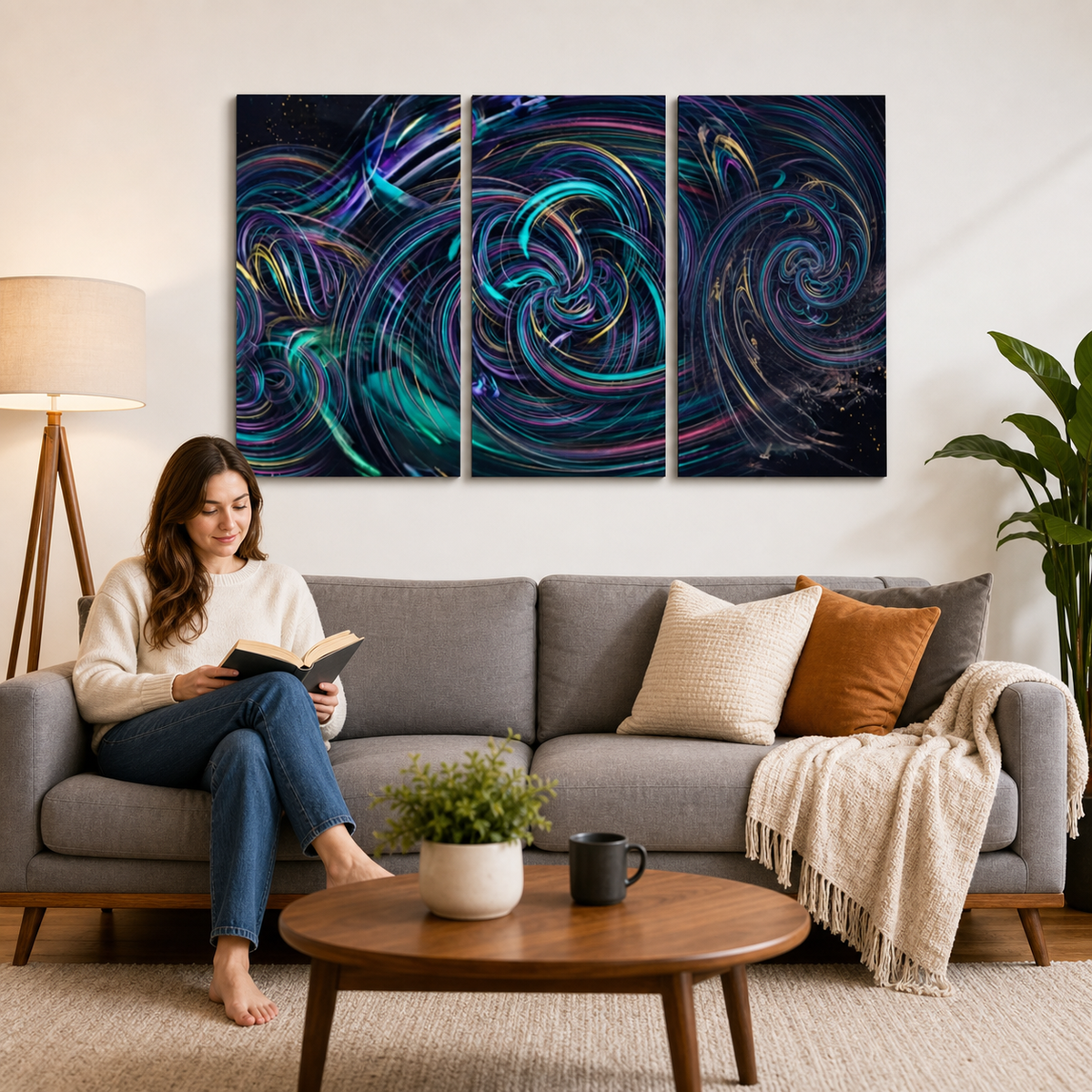 A woman sits on a gray sofa in a living room, reading a book. Above the sofa is a three-panel abstract wall art set with swirling cosmic-like lines in black, teal, blue, purple, and pink.