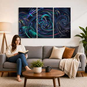 A woman sits on a gray sofa in a living room, reading a book. Above the sofa is a three-panel abstract wall art set with swirling cosmic-like lines in black, teal, blue, purple, and pink.