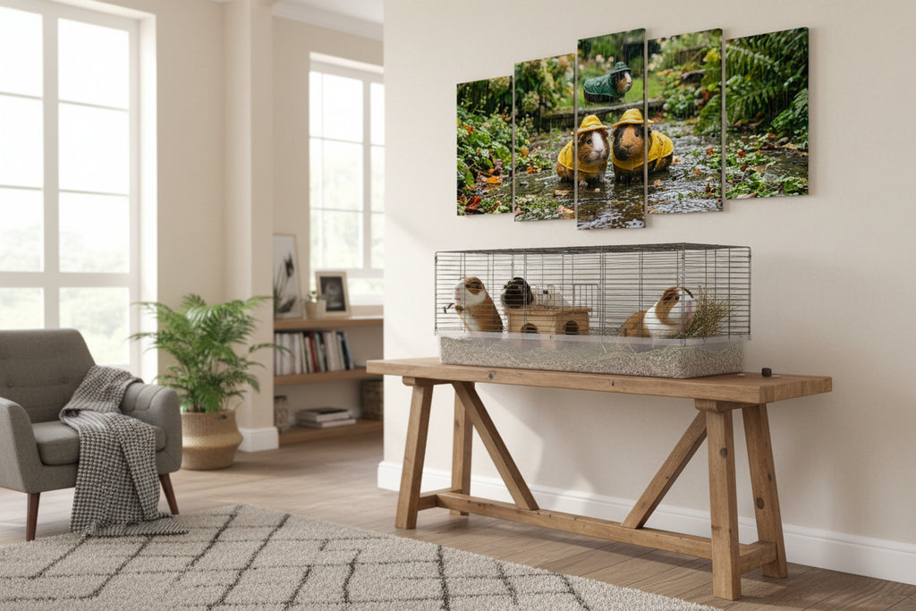 A 5-panel canvas wall art print depicting two guinea pigs in yellow raincoats standing in a stream.