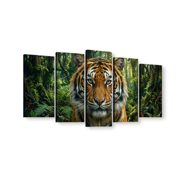 A five-panel canvas wall art set depicting a tiger's face emerging from a dense green jungle, shown against a plain white background.