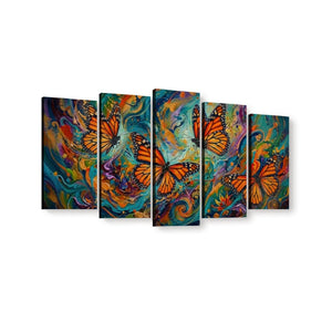 A five-panel canvas wall art set depicting vibrant, colorful Monarch butterflies over swirling abstract paint patterns in orange, blue, green, purple, and yellow.