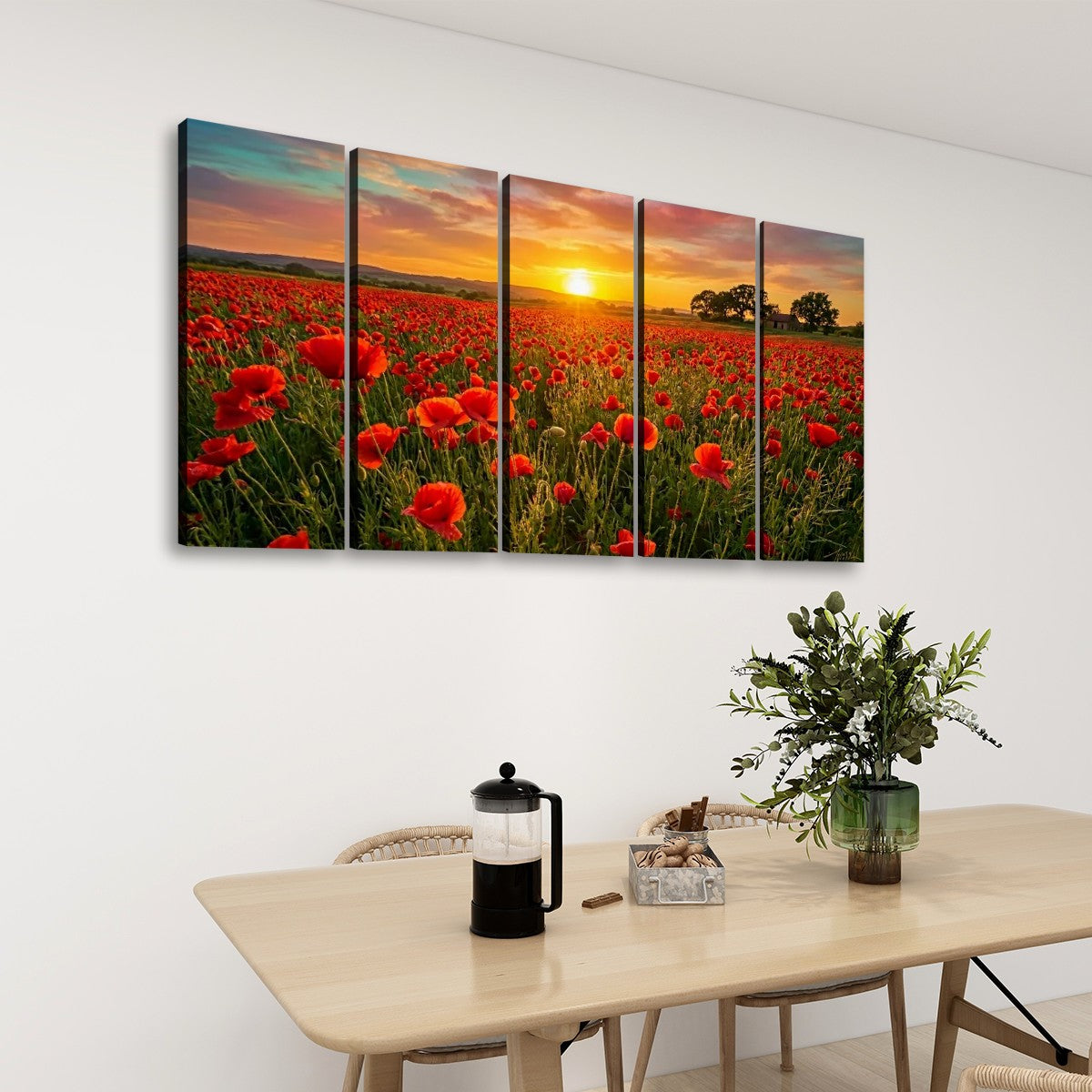 Golden Hour Poppy Field Canvas Wall Art – Fields of Fire | 5-Panel Level Nature Landscape Print