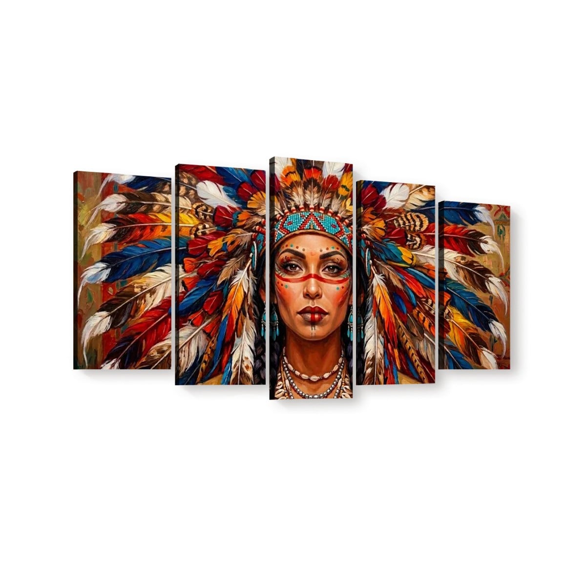 Native American Indian Woman 5-Panel Level Split Canvas Wall Art | Multi-Panel Print