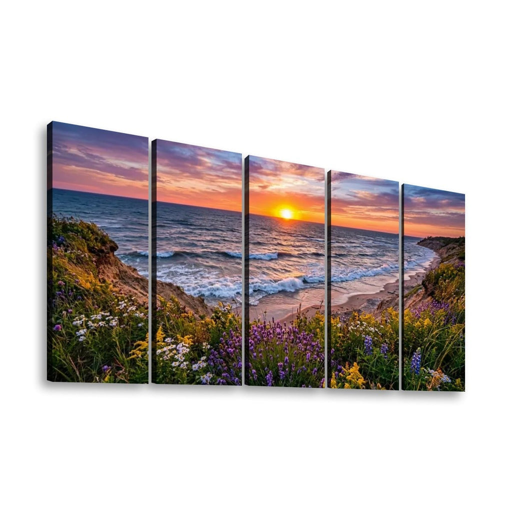 A five-panel canvas wall art set depicting a coastal sunset with ocean waves, a sandy beach, and wildflowers in the foreground, shown against a plain white background.