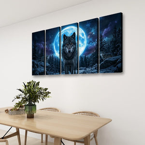 Howling Wolves with Blue Moon — 5-Panel Canvas Wall Art