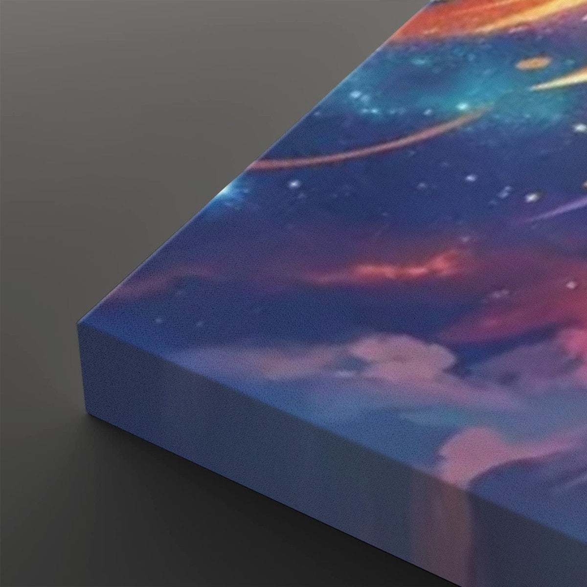 A rectangular canvas print featuring a colorful galaxy and nebula design, shown at an angle on a dark gray background.