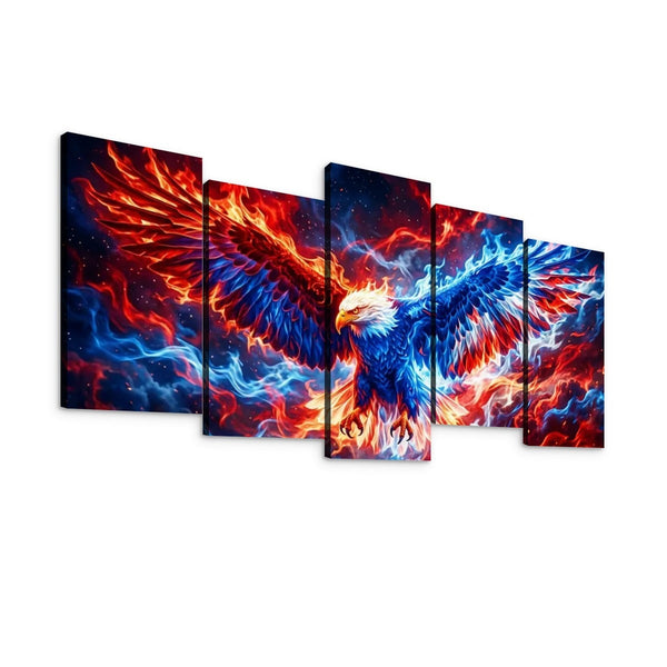 A five-panel canvas wall art set depicting a dramatic fiery eagle with spread wings, rendered in vivid red, orange, blue, and white against a dark cosmic background.