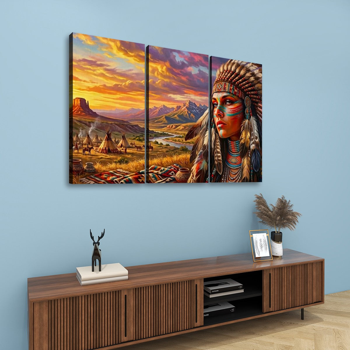 Native American Woman at Sunset | 1, 3, 5 Panel Canvas Wall Art