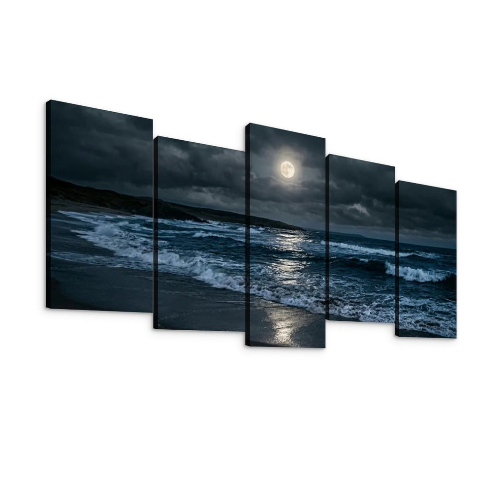 A five-panel canvas wall art set depicting a dramatic night ocean scene with dark stormy clouds, waves, and a bright full moon reflecting on the water, shown against a plain white background.