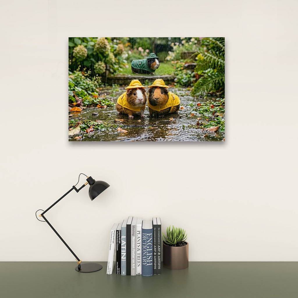 3 Guinea Pigs Playing in the Rain | 5-Panel Level Canvas Wall Art | 1, 3, 5 Panel