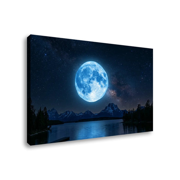 Blue Moon Canvas Wall Art – Moonrise Over Water Serene Night Scene | 1, 3 & 5 Panel Print