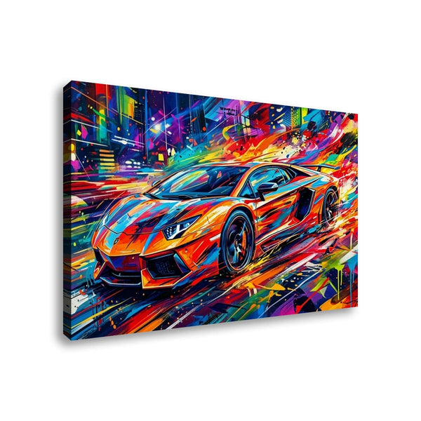 A colorful canvas wall art print depicting a sports car in a vibrant, abstract neon city scene, shown at an angle against a plain white background.