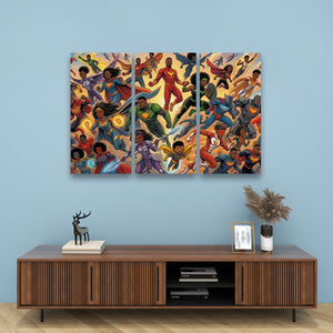A three-panel canvas wall art set depicting a dynamic group of superheroes in action poses, displayed on a light blue wall above a wooden console table with decorative items.
