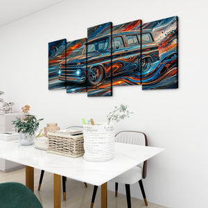 A five-panel canvas wall art set depicting a stylized, colorful vintage 1966 Chevy Suburban Carryall  in swirling blue, orange, red, and black brushstrokes, displayed above a dining table in a modern room setting.