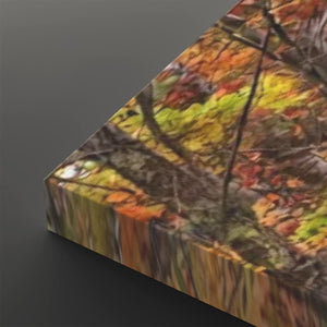 A square canvas print showing an autumn forest scene with colorful leaves in yellow, orange, red, and green, photographed at an angle on a dark gray background.