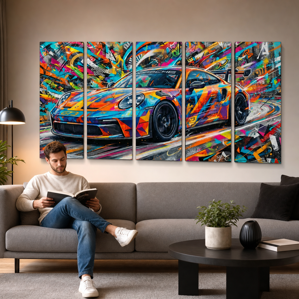 A man sits on a gray sofa in a modern living room, reading a book. Above him hangs a five-panel canvas wall art set depicting a colorful abstract sports car, likely a Porsche, in vivid blue, orange, yellow, red, and green brushstrokes.