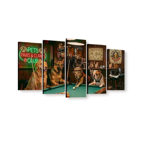 A five-panel canvas wall art set depicting dogs in a vintage bar scene with pool tables, neon signs, and posters. The panels are arranged side-by-side against a plain white background.