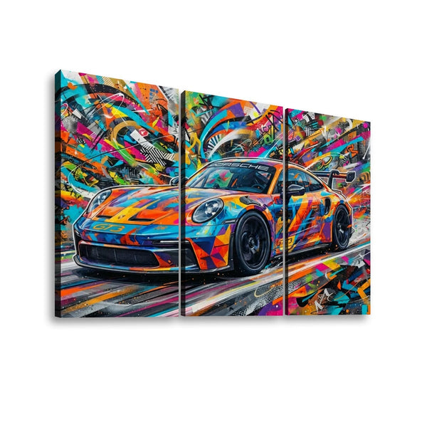 A three-panel canvas wall art set depicting a colorful abstract 911 GT3 sports car in a vibrant graffiti-style painting, shown against a plain white background.