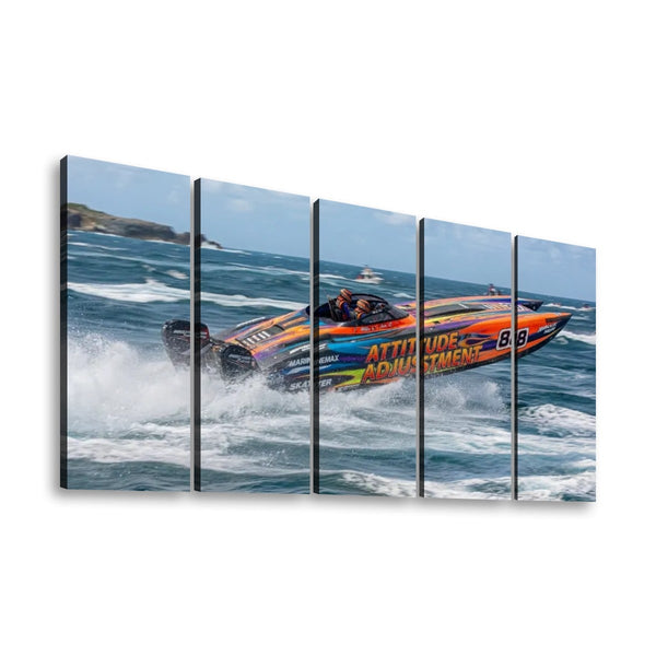 Twin-Engine Racing Boat Canvas Wall Art – Attitude Adjustment | 5-Panel Level Man Cave & Lake House Print