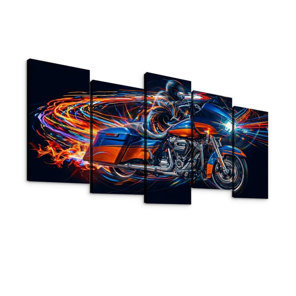 A 5-panelRoad Glide type  canvas wall art set depicting a motorcycle rider on a blue and orange motorcycle with vibrant light trails in orange, yellow, and white against a dark background.