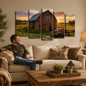 Ford F1 Pickup at Golden Hour — Rustic Bar & Sunset Canvas Wall Art