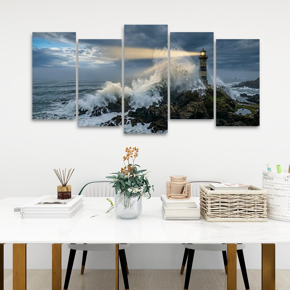 Stormy Lighthouse Canvas Wall Art – Dramatic Coastal Storm Scene | 1, 3 & 5 Panel Home Décor Print