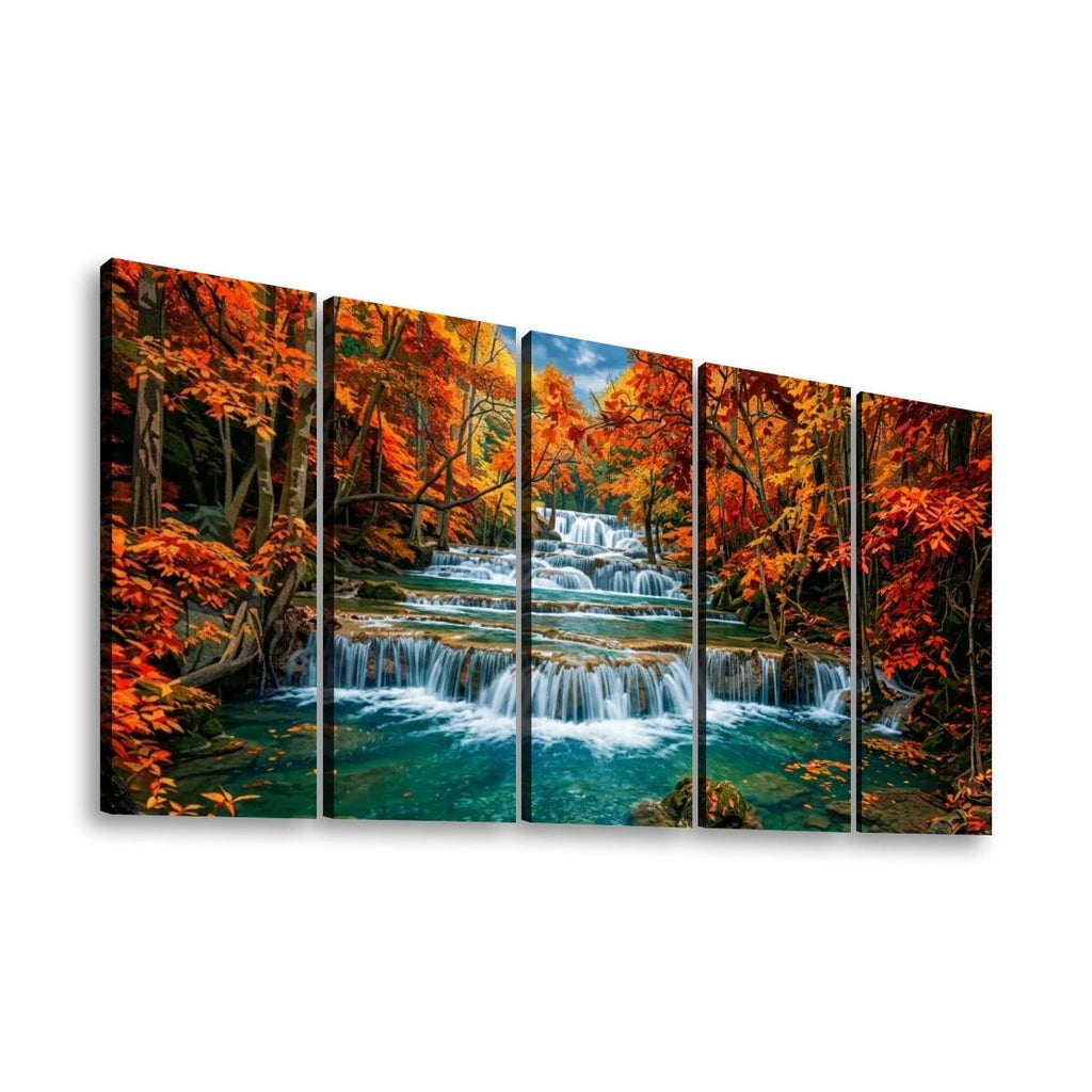 A five-panel canvas wall art set depicting a colorful autumn forest with Huay Mae Khamin Falls and turquoise stream, shown against a plain white background.