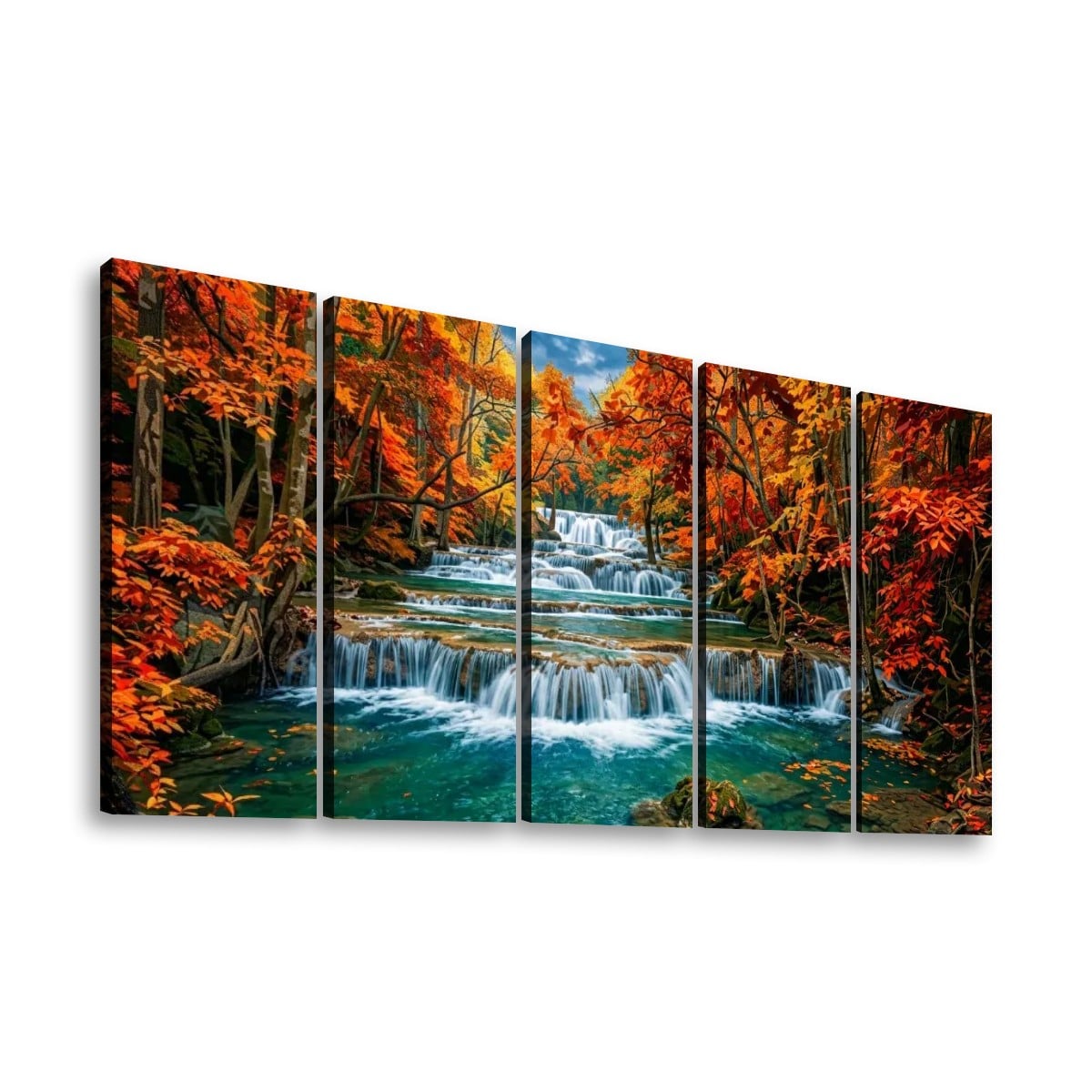 A five-panel canvas wall art set depicting a colorful autumn forest with Huay Mae Khamin Falls and turquoise stream, shown against a plain white background.