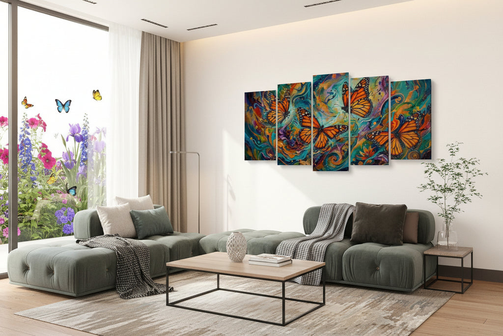 A five-panel canvas wall art set depicting vibrant orange monarch butterflies over colorful swirling abstract backgrounds, displayed above a green tufted sofa in a living room setting.