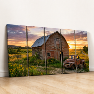 Ford F1 Pickup at Golden Hour — Rustic Bar & Sunset Canvas Wall Art