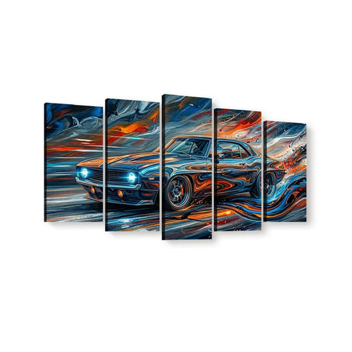 A five-panel canvas wall art set depicting a stylized blue 1969  Camaro muscle car with swirling orange, red, and blue abstract brushstrokes on a white background.