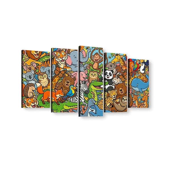 Wild & Whimsical Cartoon Animal Collage Kids Canvas Wall Art | 1, 3 & 5 Panel Playroom & Bedroom Print