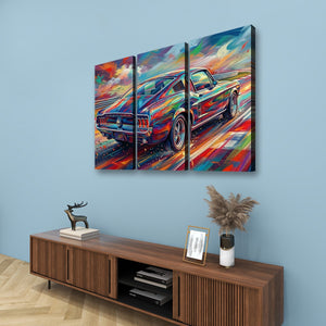 A three-panel canvas wall art set depicting a colorful, impressionistic 1967 Ford Mustang Fastback sports car, displayed on a light blue wall above a wooden console table with decorative items.